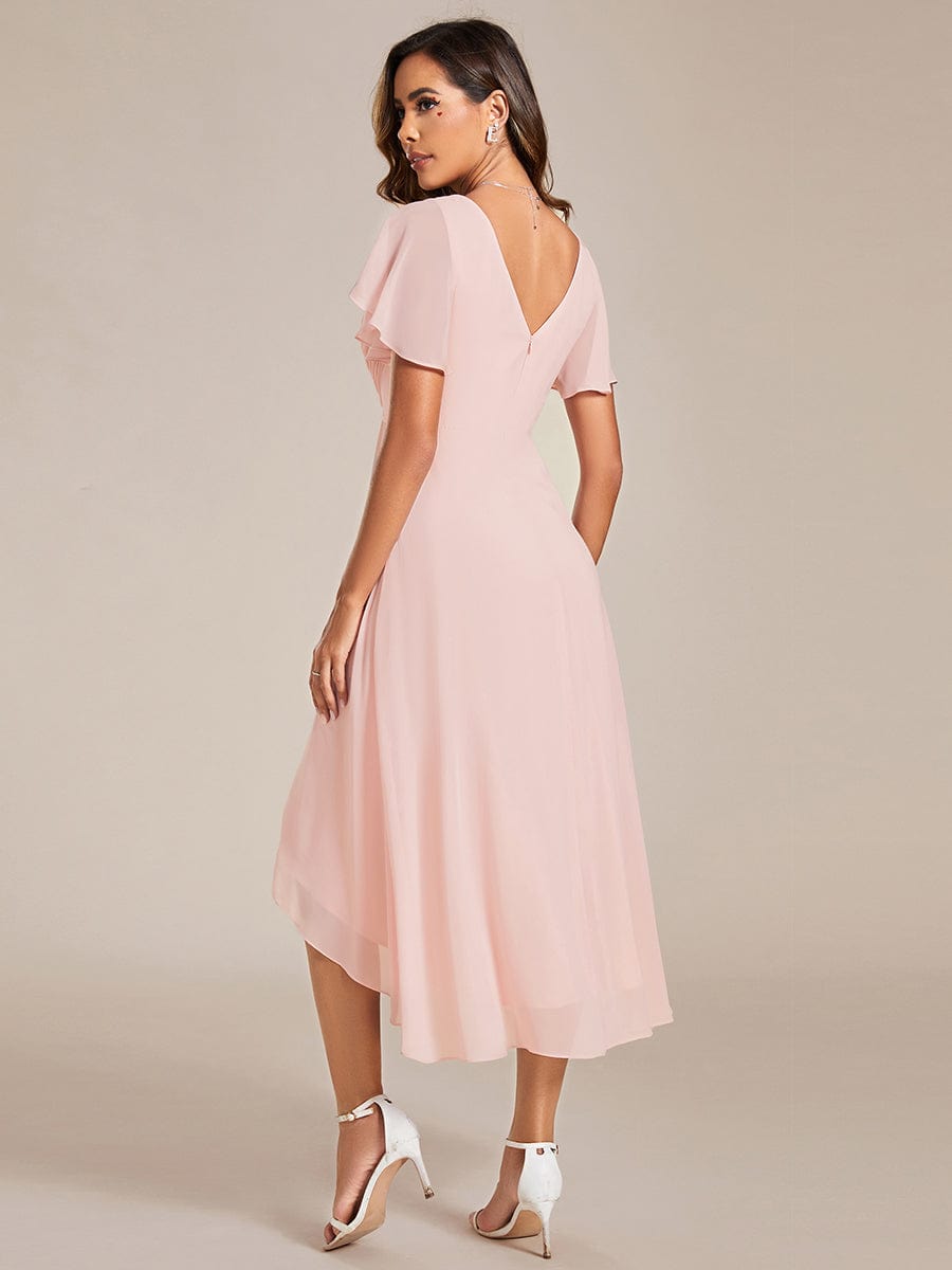 Custom Size Chic V Neck High-Low Wedding Guest Dress #color_Pink