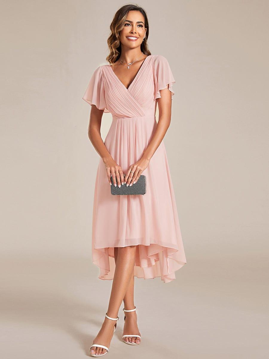 Custom Size Chic V Neck High-Low Wedding Guest Dress #color_Pink