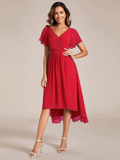 ever FAYE|Chic V Neck High-Low Short Sleeve Wedding Guest Dress #color_Red