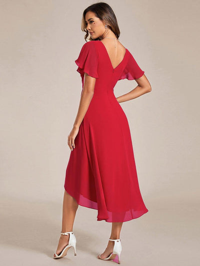 ever FAYE|Chic V Neck High-Low Short Sleeve Wedding Guest Dress #color_Red