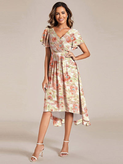 ever FAYE|Floral V Neck High-Low Short Sleeve Wedding Guest Dress #color_Rosewood Mist