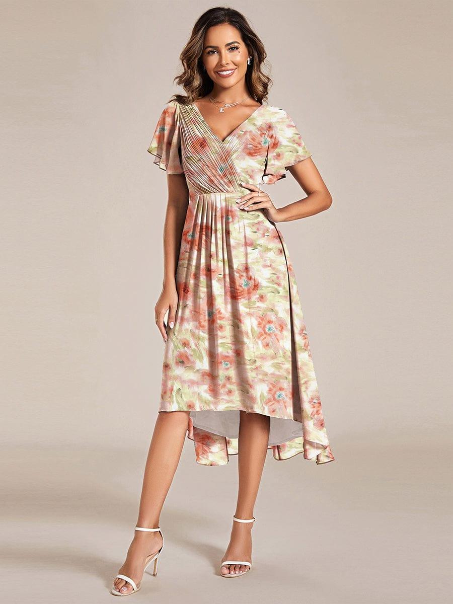 ever FAYE|Floral V Neck High-Low Short Sleeve Wedding Guest Dress #color_Rosewood Mist