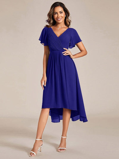 ever FAYE|Chic V Neck High-Low Short Sleeve Wedding Guest Dress #color_Sapphire Blue