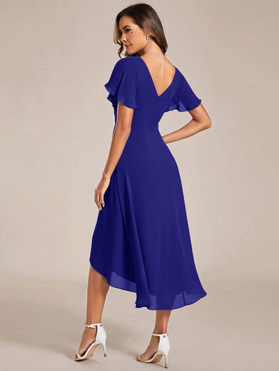 ever FAYE|Chic V Neck High-Low Short Sleeve Wedding Guest Dress #color_Sapphire Blue