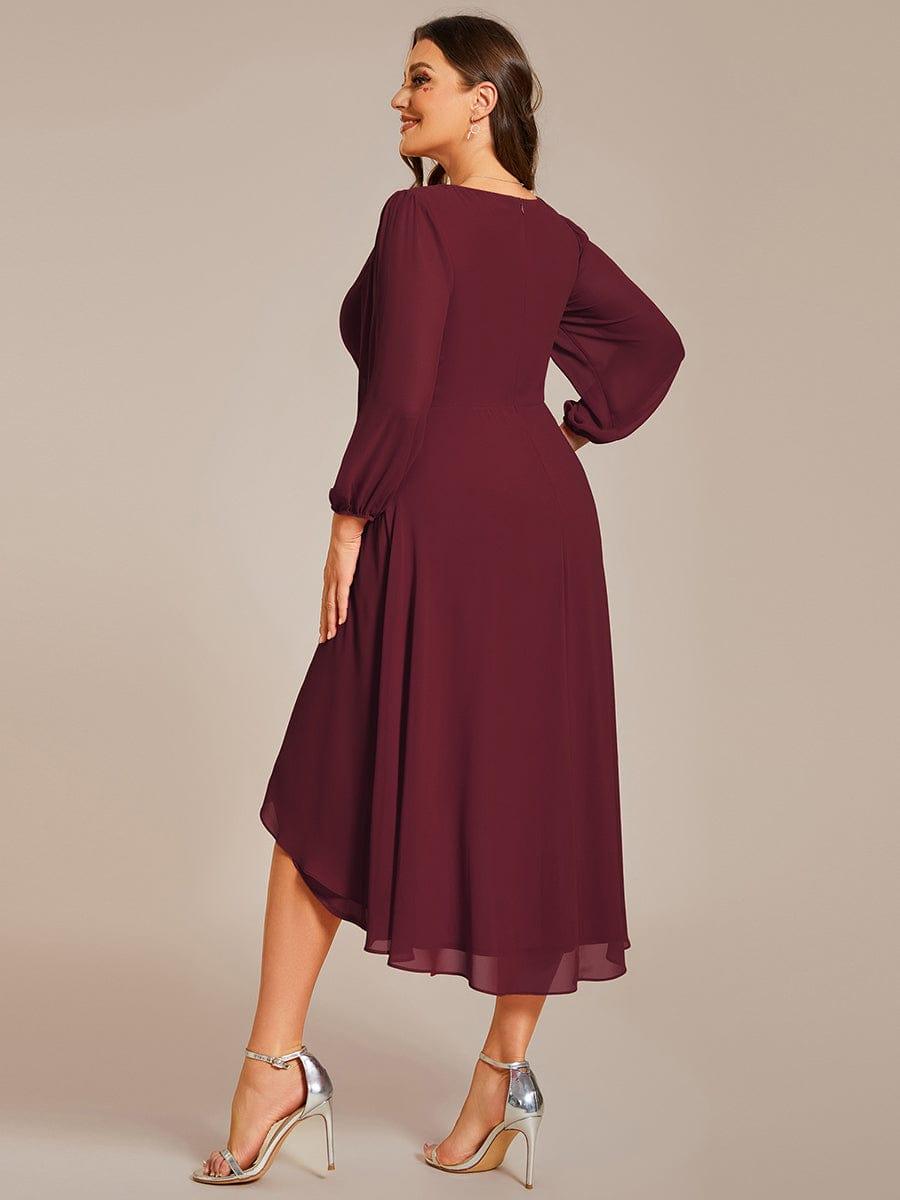 Plus Size Long Sleeve V-Neck Chiffon High Low Wedding Guest Dress #color_Burgundy