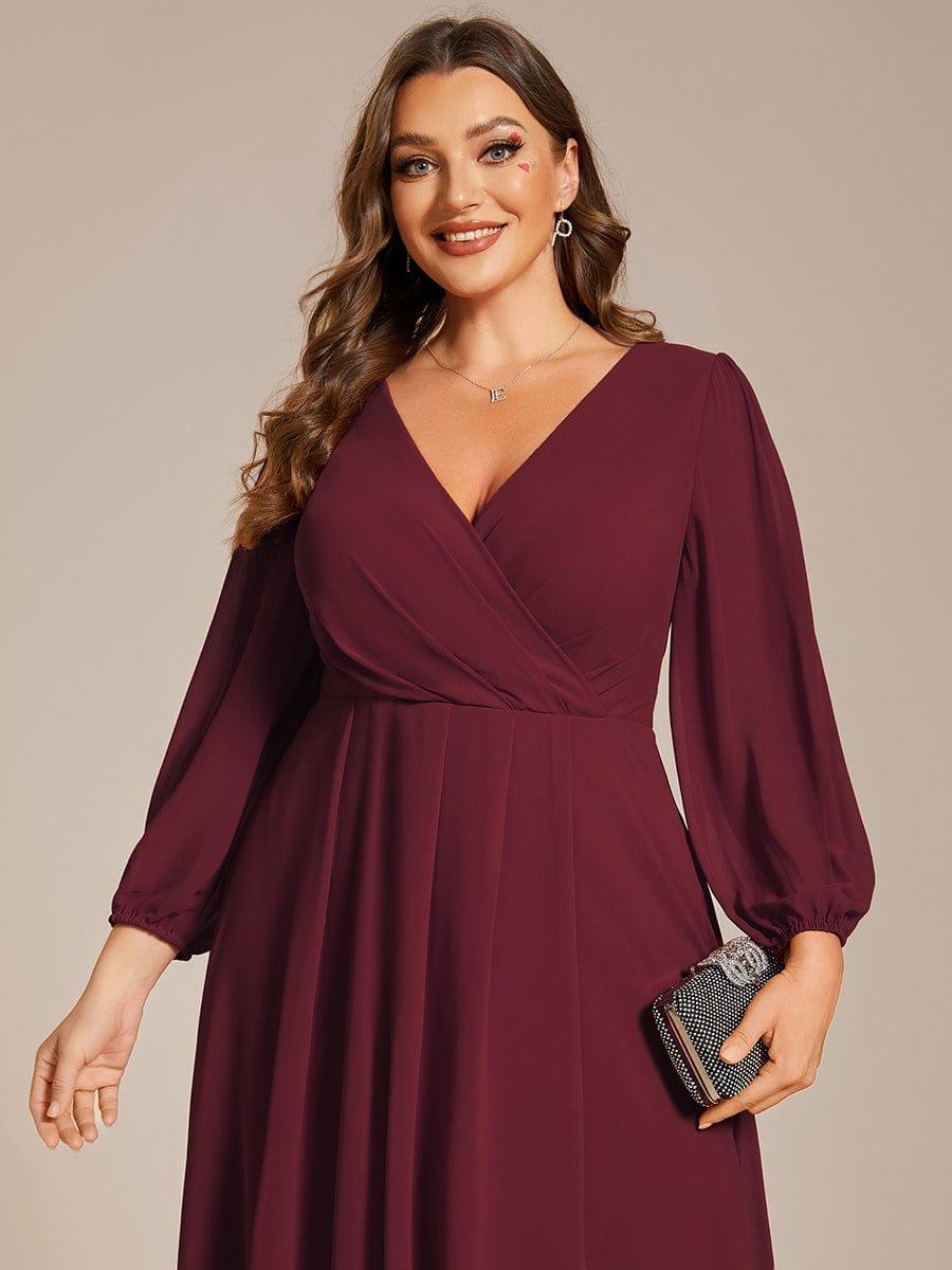 Custom Size Elegant Long Sleeve V-Neck High Low Chiffon Wedding Guest Dress #color_Burgundy