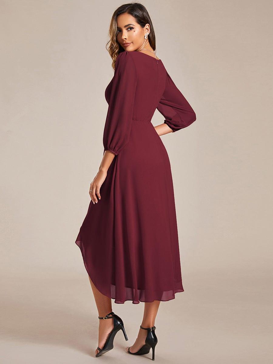 Elegant Long Sleeve V-Neck High Low Chiffon Wedding Guest Dress #color_Burgundy