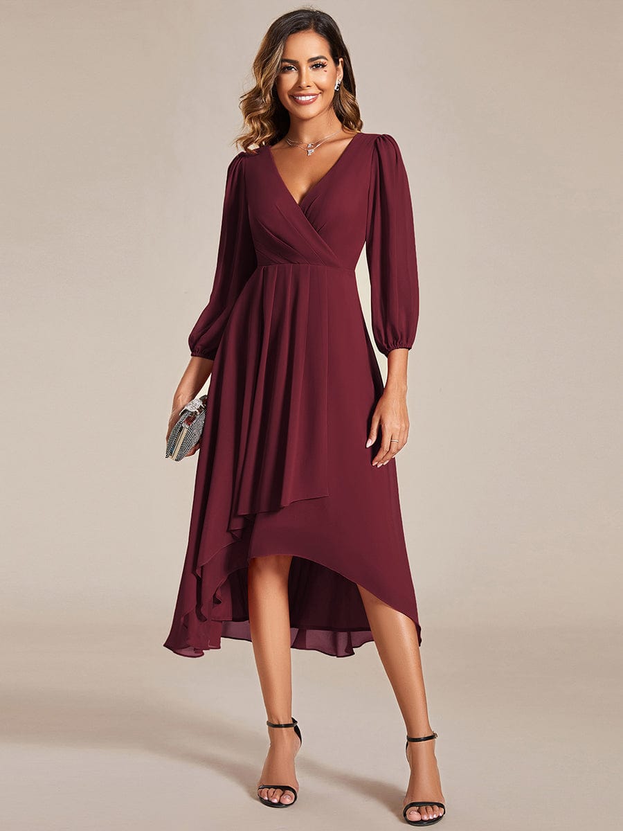 Elegant Long Sleeve V-Neck High Low Chiffon Wedding Guest Dress #color_Burgundy