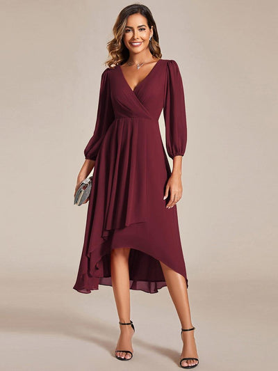 Elegant Long Sleeve V-Neck High Low Chiffon Wedding Guest Dress #color_Burgundy