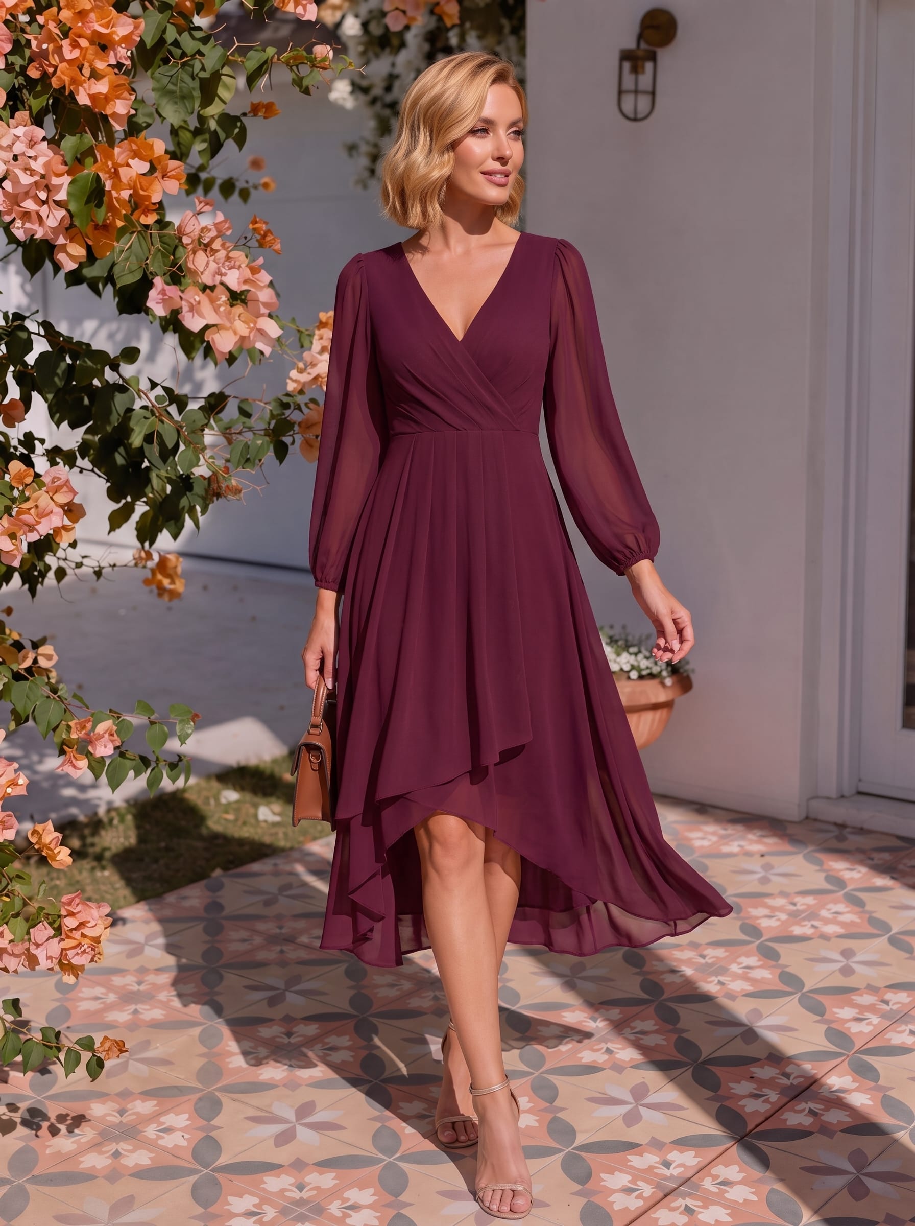 Elegant Long Sleeve V-Neck High Low Chiffon Wedding Guest Dress #color_Burgundy