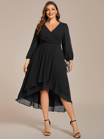 Plus Size Long Sleeve V-Neck Chiffon High Low Wedding Guest Dress #color_Black