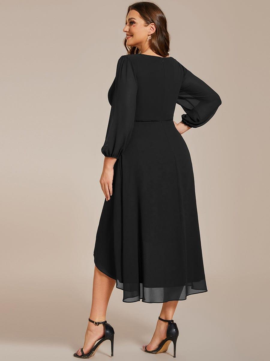 Custom Size Elegant Long Sleeve V-Neck High Low Chiffon Wedding Guest Dress #color_Black