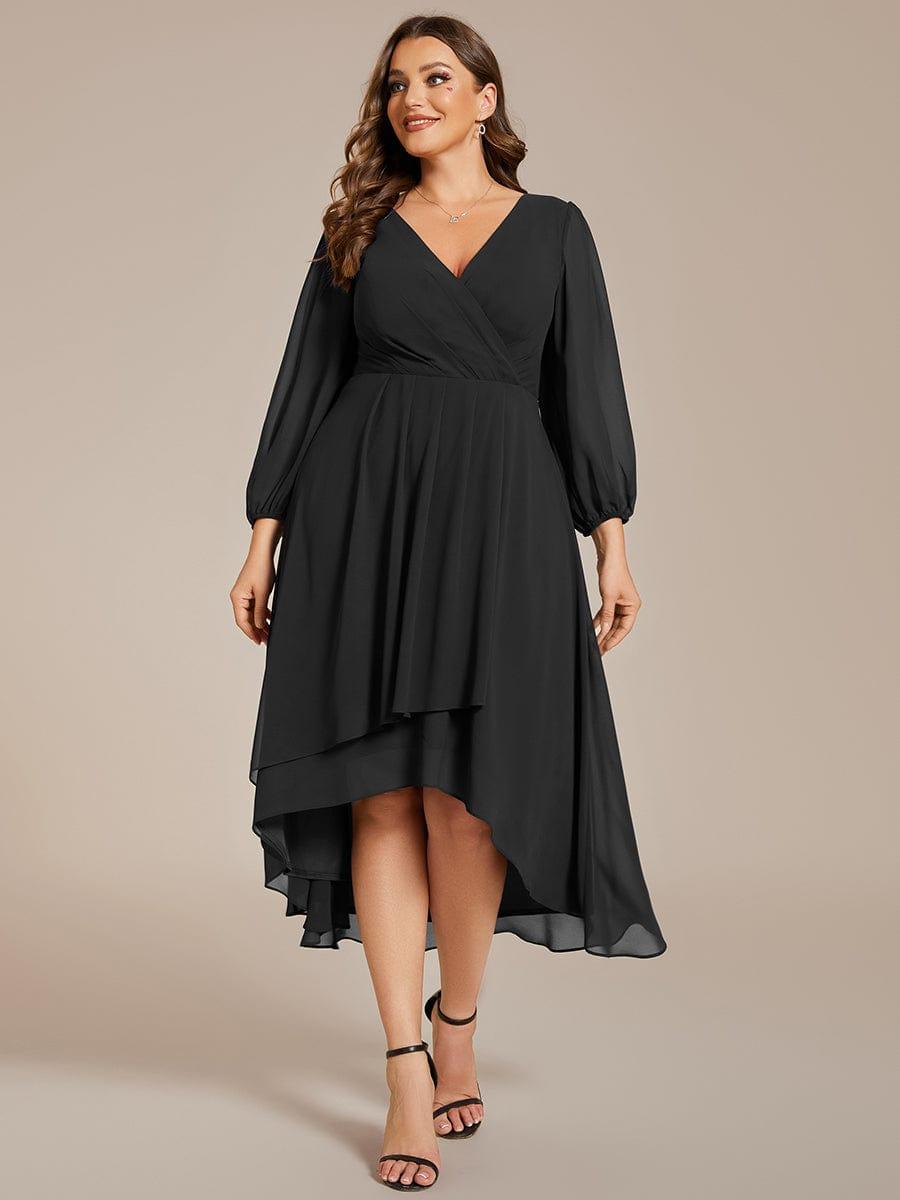 Custom Size Elegant Long Sleeve V-Neck High Low Chiffon Wedding Guest Dress #color_Black