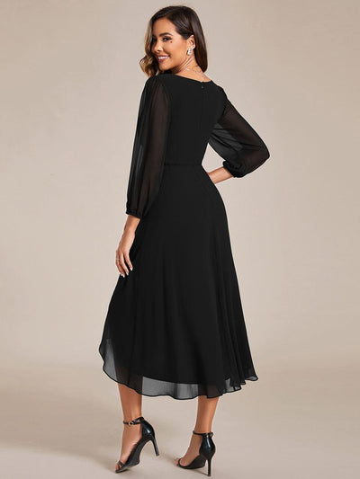 Elegant Long Sleeve V-Neck High Low Chiffon Wedding Guest Dress #color_Black