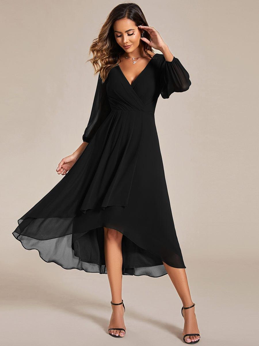 Custom Size Elegant Long Sleeve V-Neck High Low Chiffon Wedding Guest Dress #color_Black