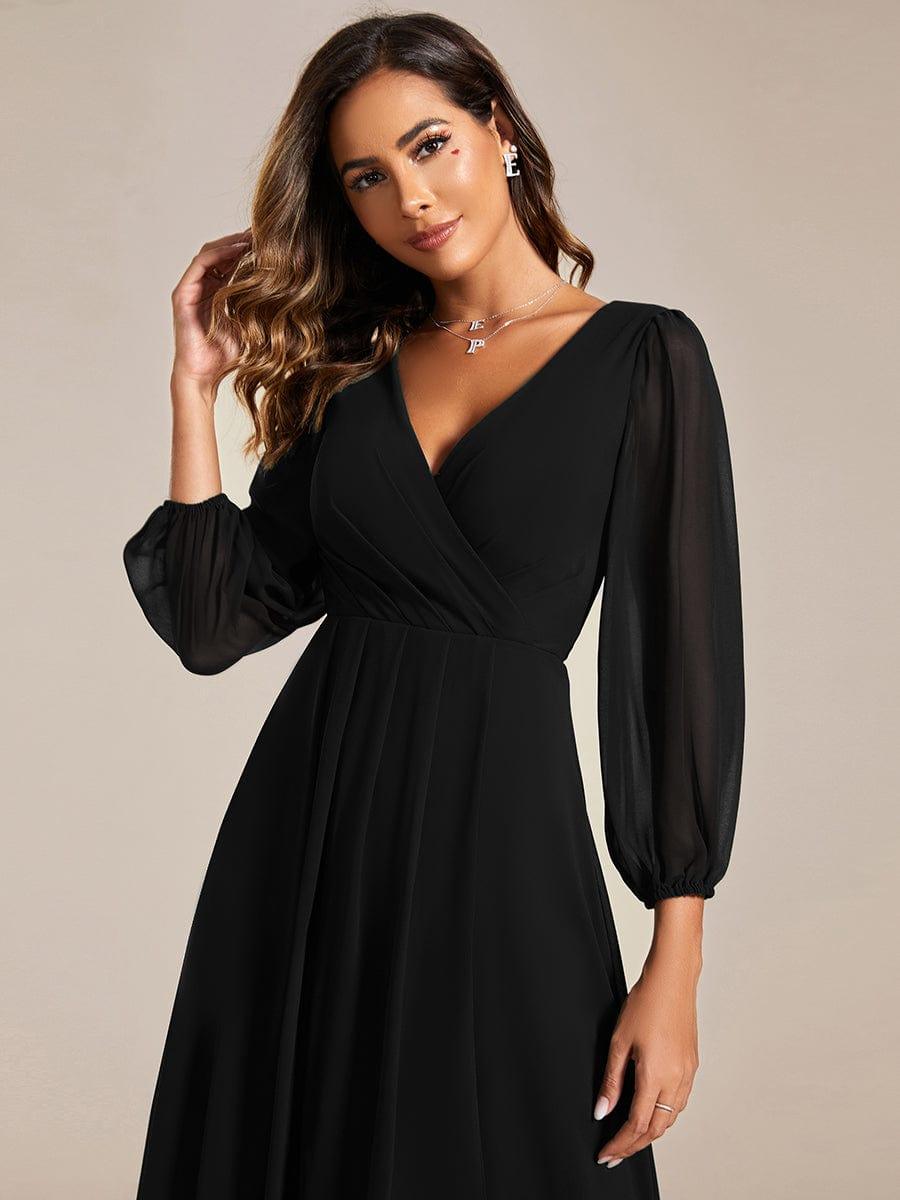 Custom Size Elegant Long Sleeve V-Neck High Low Chiffon Wedding Guest Dress #color_Black