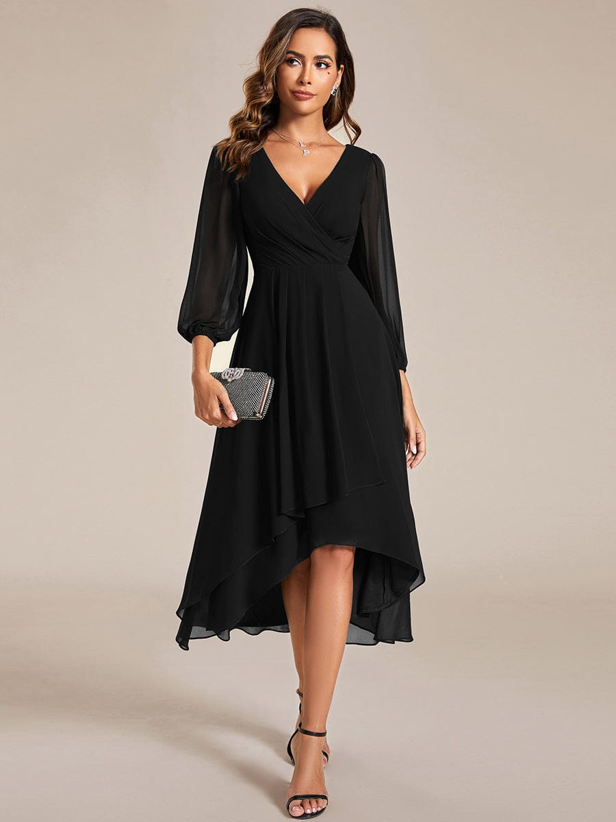 Elegant Long Sleeve V-Neck High Low Chiffon Wedding Guest Dress #color_Black
