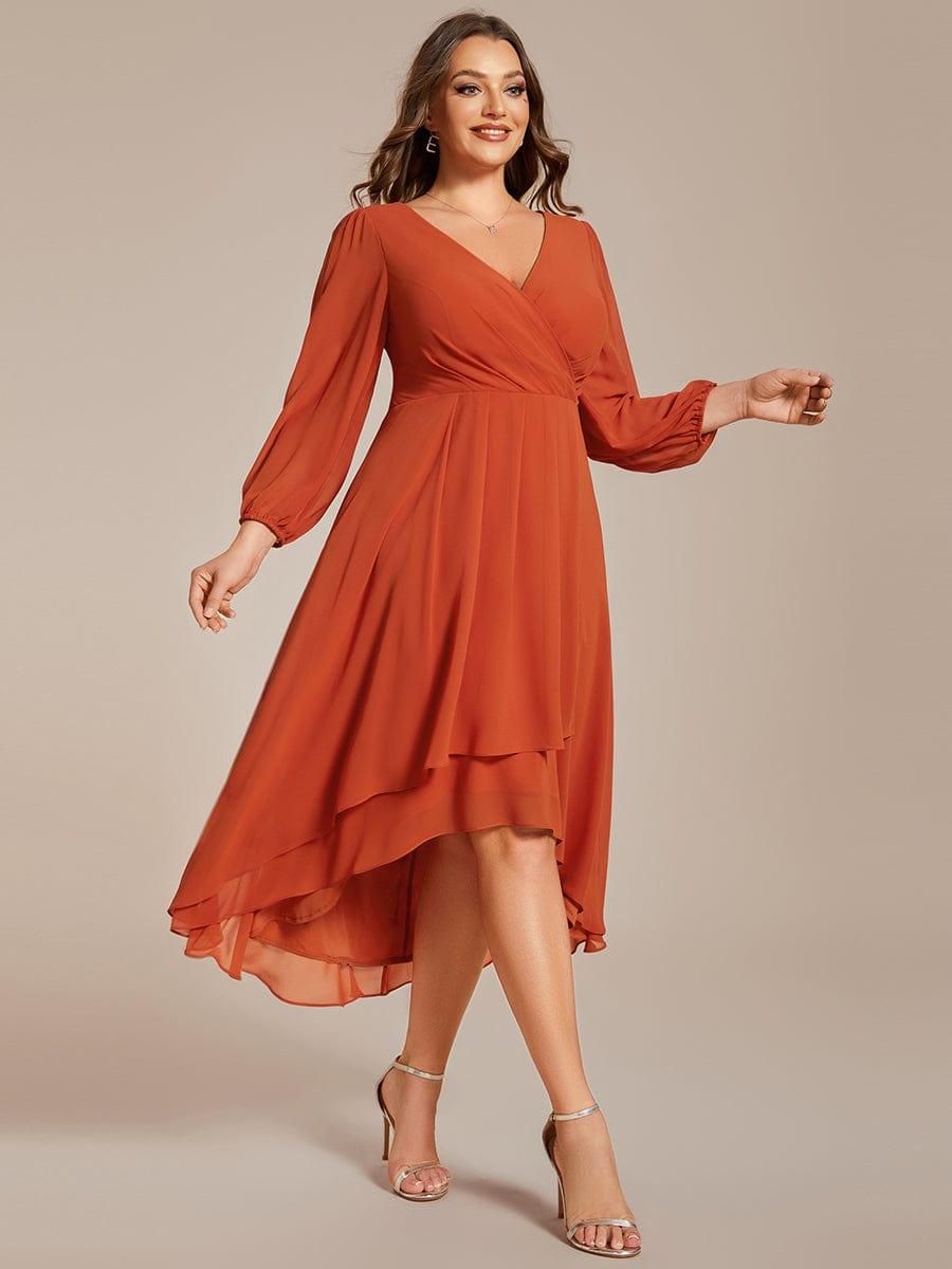 Custom Size Elegant Long Sleeve V-Neck High Low Chiffon Wedding Guest Dress #color_Burnt Orange