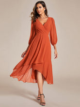 Elegant Long Sleeve V-Neck High Low Chiffon Wedding Guest Dress #color_Burnt Orange