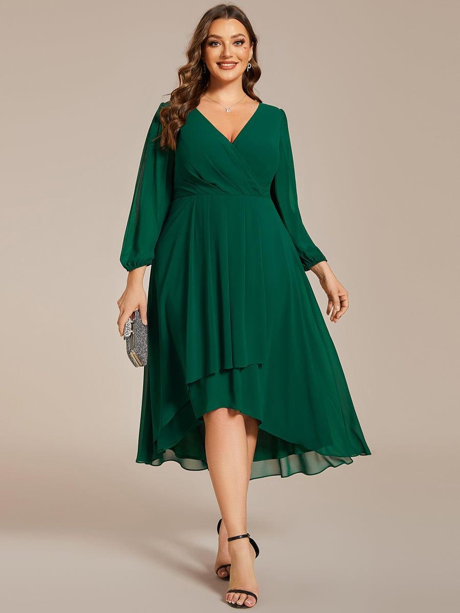 Custom Size Elegant Long Sleeve V-Neck High Low Chiffon Wedding Guest Dress #color_Dark Green
