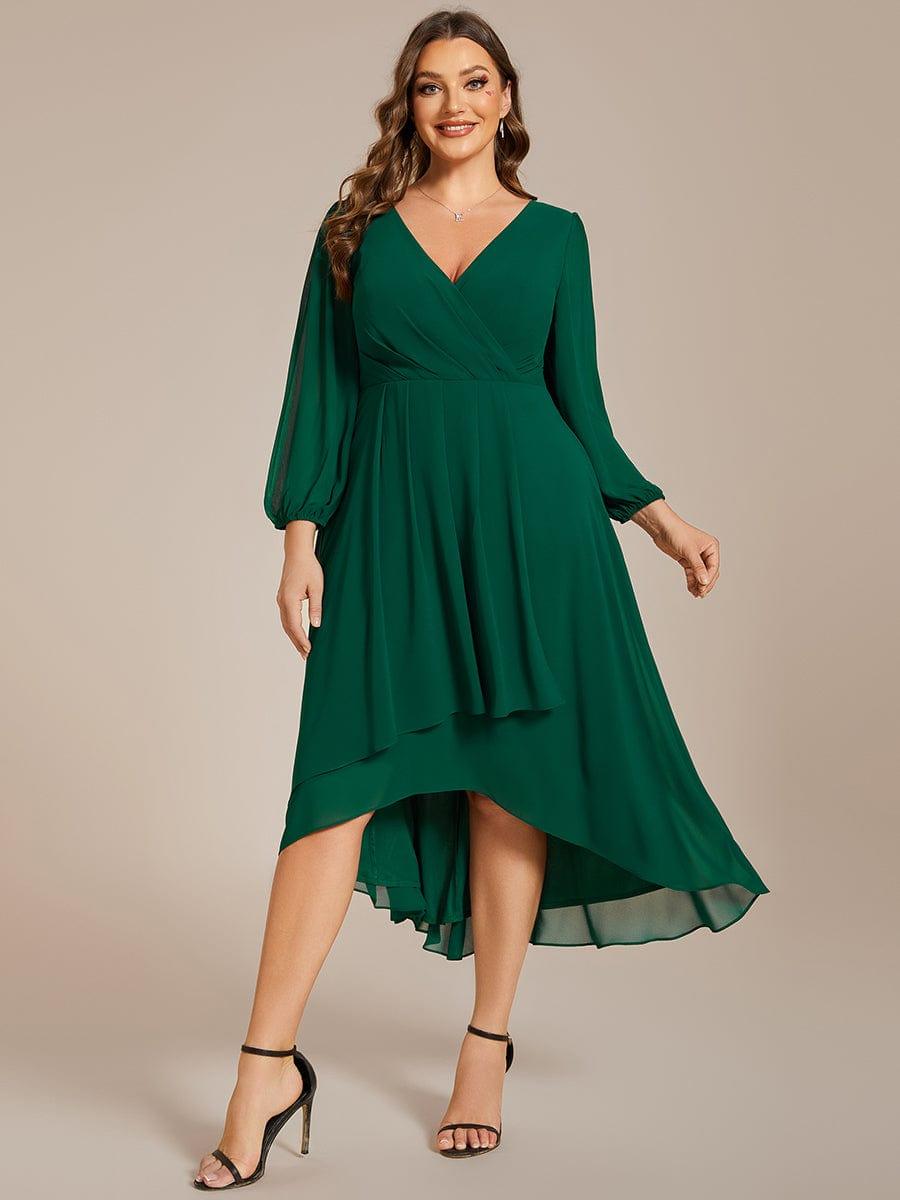 Custom Size Elegant Long Sleeve V-Neck High Low Chiffon Wedding Guest Dress #color_Dark Green