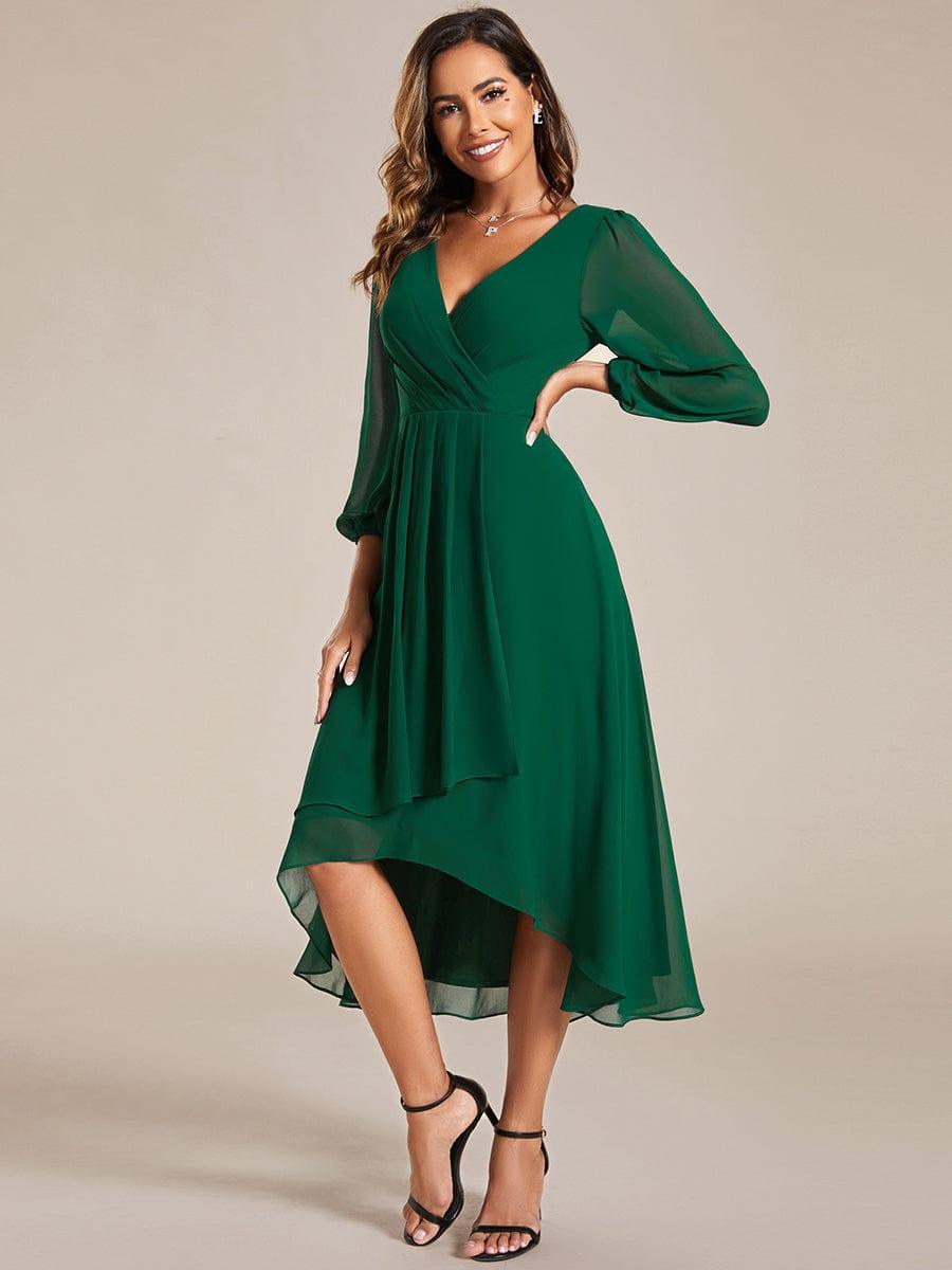Custom Size Elegant Long Sleeve V-Neck High Low Chiffon Wedding Guest Dress #color_Dark Green