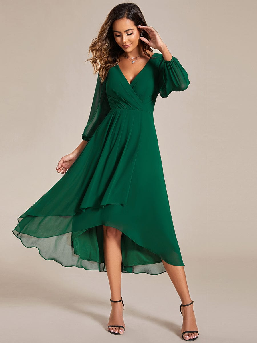 Elegant Long Sleeve V-Neck High Low Chiffon Wedding Guest Dress #color_Dark Green