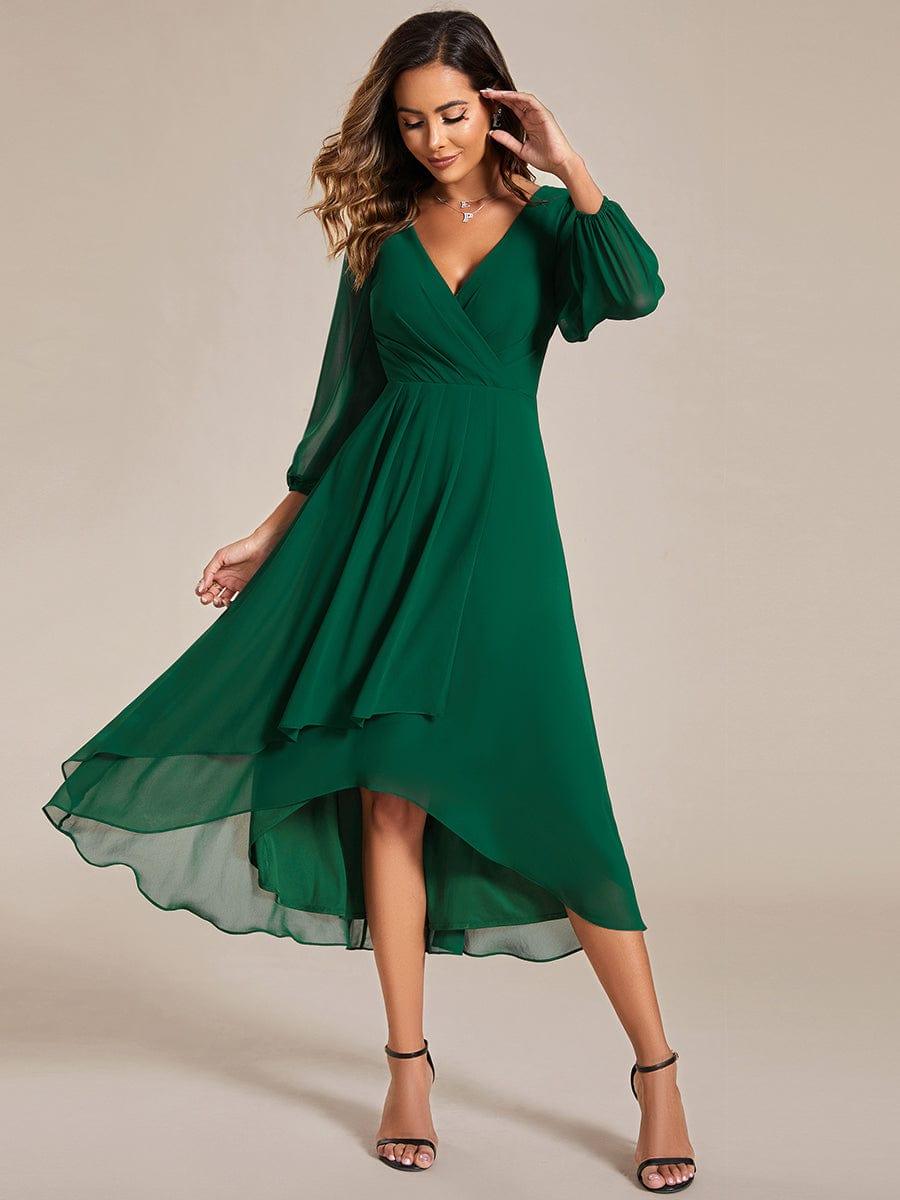 Custom Size Elegant Long Sleeve V-Neck High Low Chiffon Wedding Guest Dress #color_Dark Green