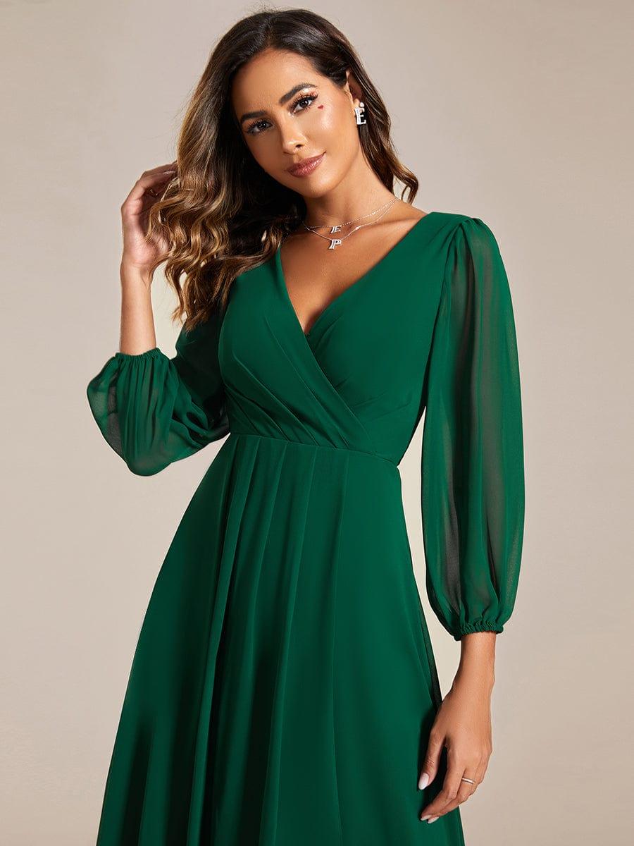 Custom Size Elegant Long Sleeve V-Neck High Low Chiffon Wedding Guest Dress #color_Dark Green
