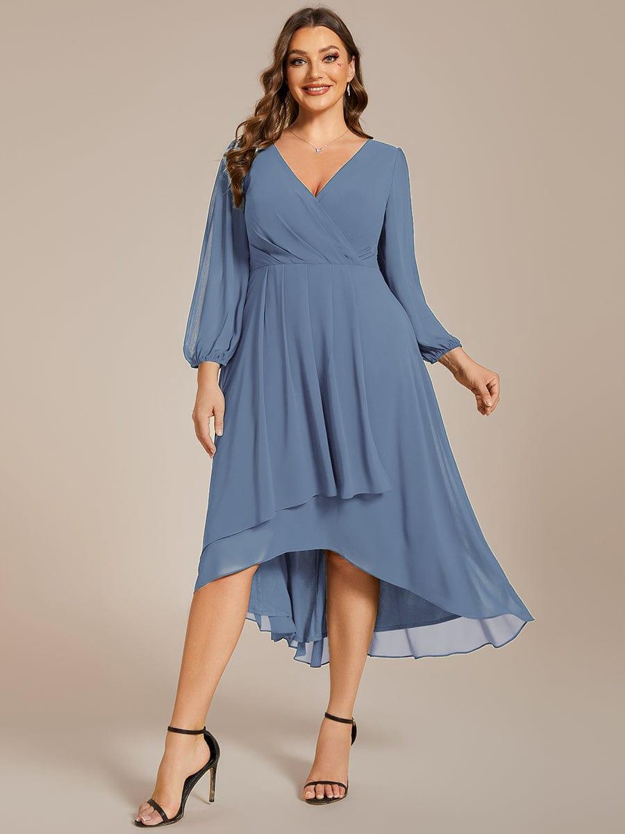 Custom Size Elegant Long Sleeve V-Neck High Low Chiffon Wedding Guest Dress #color_Dusty Blue