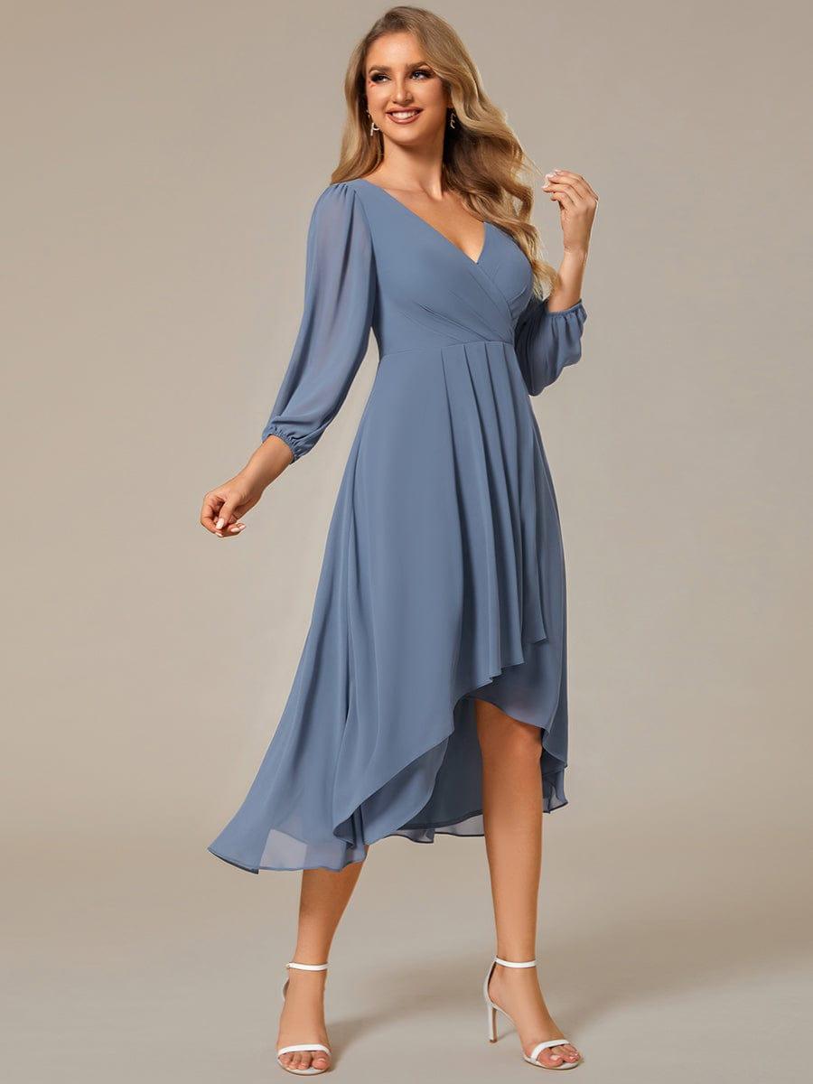 Custom Size Elegant Long Sleeve V-Neck High Low Chiffon Wedding Guest Dress #color_Dusty Blue