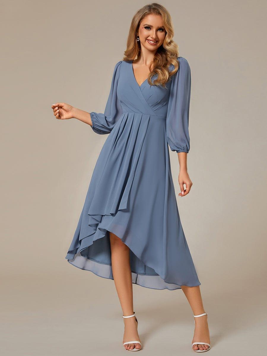 Custom Size Elegant Long Sleeve V-Neck High Low Chiffon Wedding Guest Dress #color_Dusty Blue