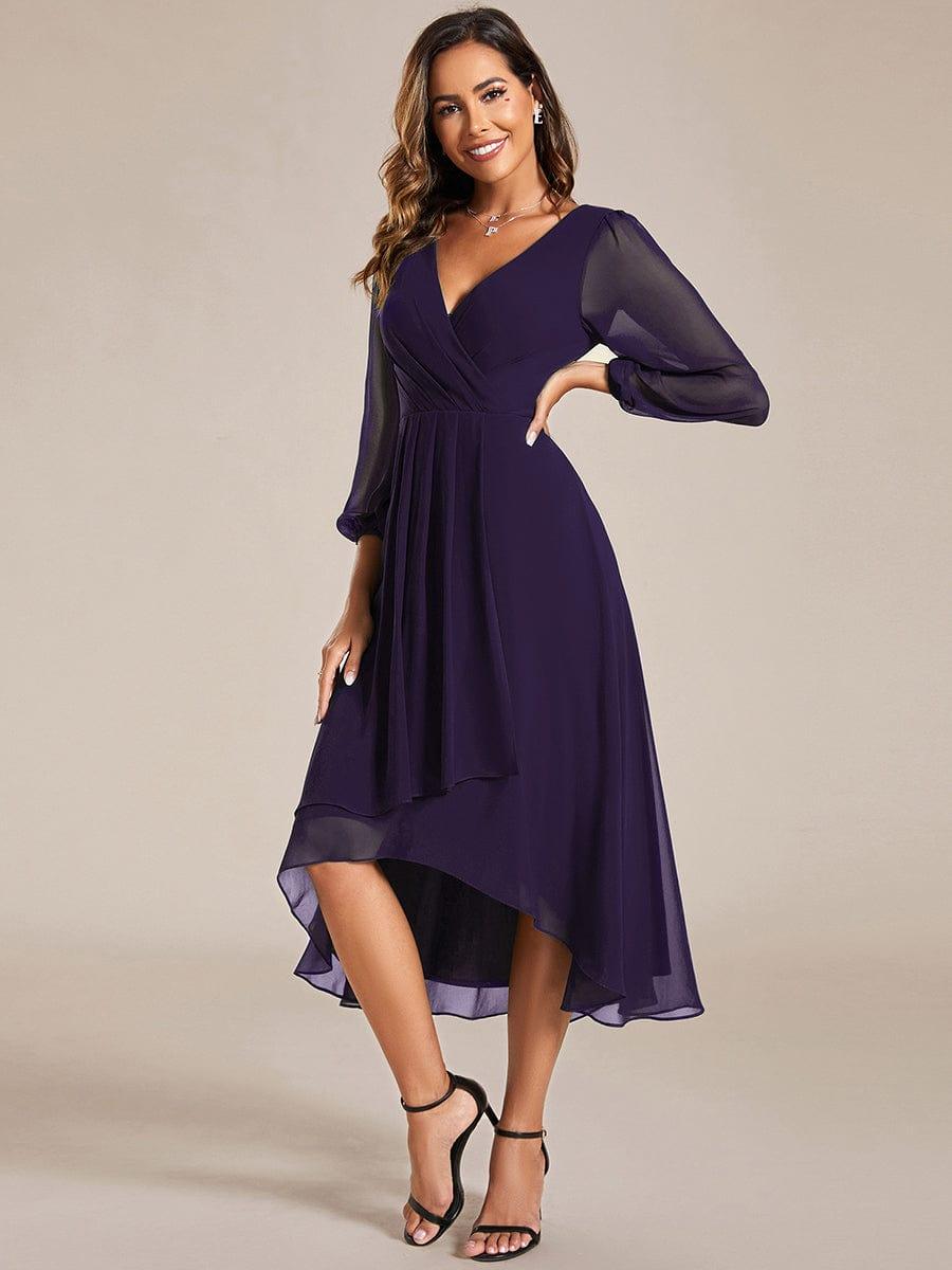 Custom Size Elegant Long Sleeve V-Neck High Low Chiffon Wedding Guest Dress #color_Dark Purple