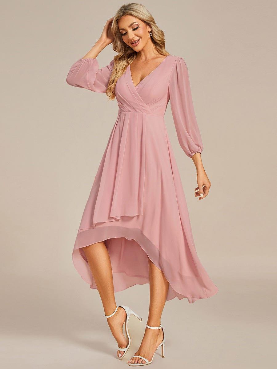 Chiffon Long Sleeve V-Neck High-Low Wedding Guest Dress #color_Dusty Rose