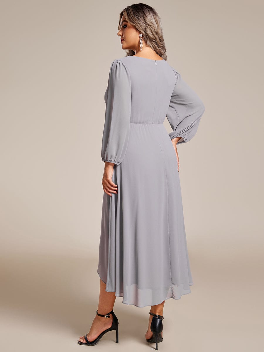 Plus Size Long Sleeve V-Neck Chiffon High Low Wedding Guest Dress #color_Grey