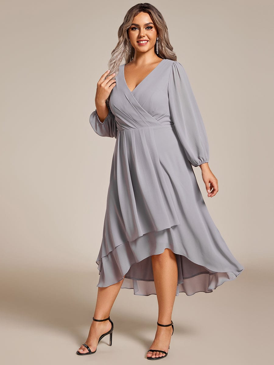 Plus Size Long Sleeve V-Neck Chiffon High Low Wedding Guest Dress #color_Grey