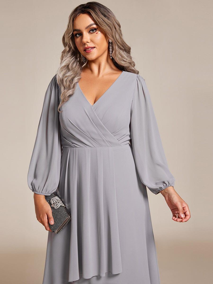 Custom Size Elegant Long Sleeve V-Neck High Low Chiffon Wedding Guest Dress #color_Grey