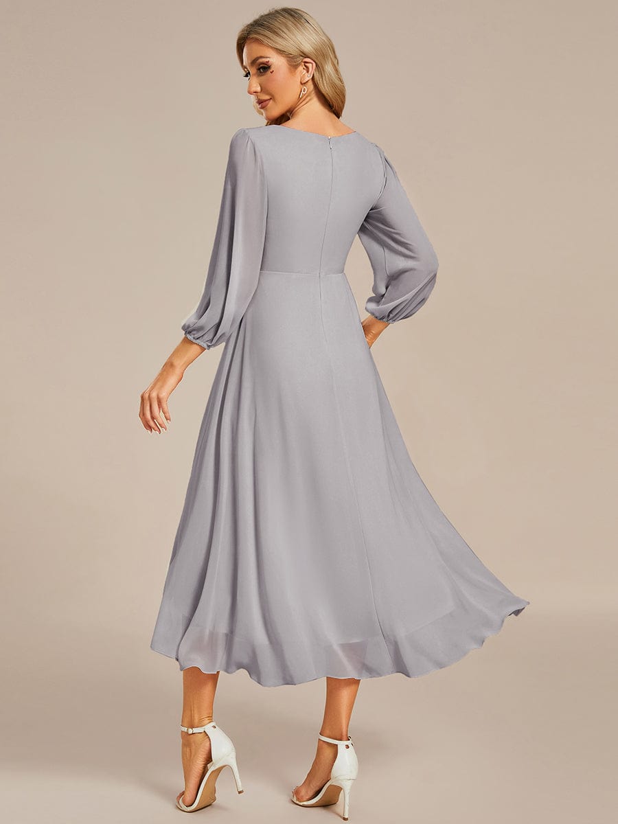 Elegant Long Sleeve V-Neck High Low Chiffon Wedding Guest Dress #color_Grey