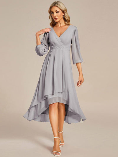 Elegant Long Sleeve V-Neck High Low Chiffon Wedding Guest Dress #color_Grey