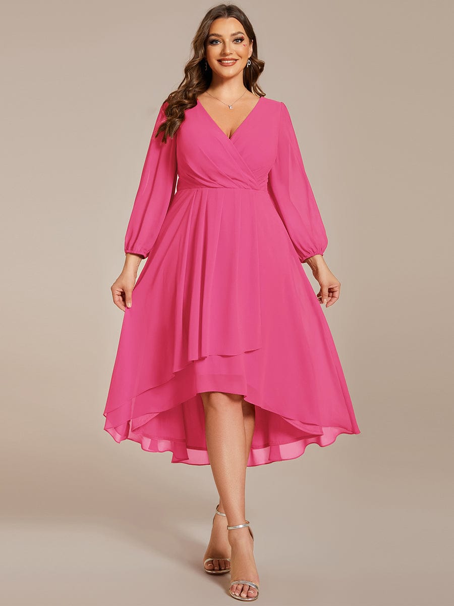 Plus Size Long Sleeve V-Neck Chiffon High Low Wedding Guest Dress #color_Hot Pink