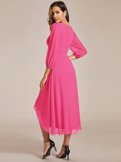Elegant Long Sleeve V-Neck High Low Chiffon Wedding Guest Dress #color_Hot Pink