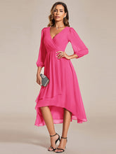 Elegant Long Sleeve V-Neck High Low Chiffon Wedding Guest Dress #color_Hot Pink
