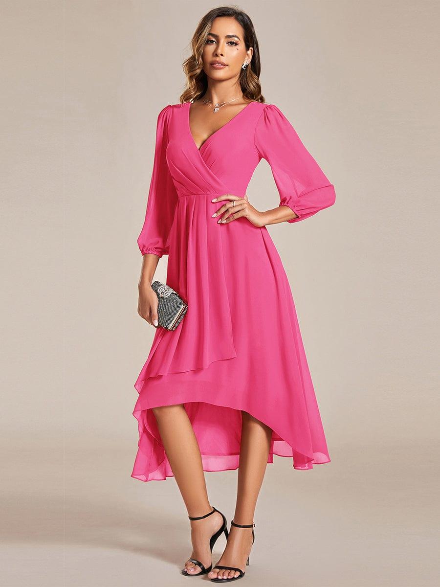 Custom Size Elegant Long Sleeve V-Neck High Low Chiffon Wedding Guest Dress #color_Hot Pink