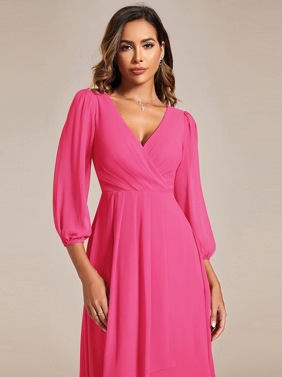 Custom Size Elegant Long Sleeve V-Neck High Low Chiffon Wedding Guest Dress #color_Hot Pink