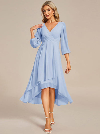 Chiffon Long Sleeve V-Neck High Low Wedding Guest Dress #color_Ice Blue