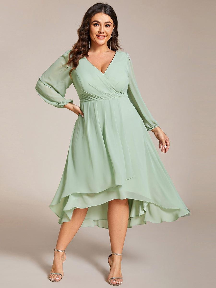 Custom Size Elegant Long Sleeve V-Neck High Low Chiffon Wedding Guest Dress #color_Mint Green
