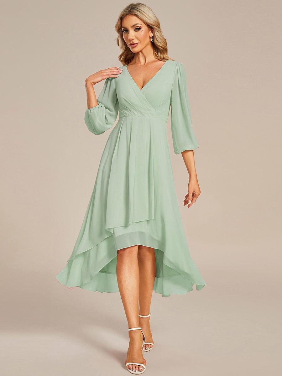 Custom Size Elegant Long Sleeve V-Neck High Low Chiffon Wedding Guest Dress #color_Mint Green