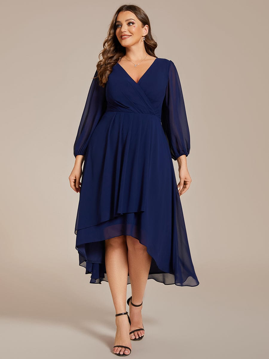 Plus Size Long Sleeve V-Neck Chiffon High Low Wedding Guest Dress #color_Navy Blue