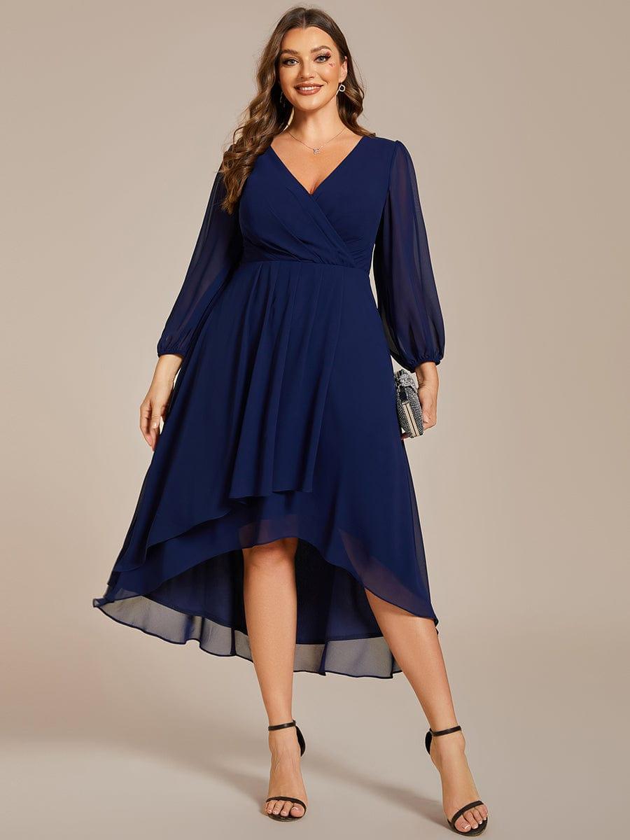 Custom Size Elegant Long Sleeve V-Neck High Low Chiffon Wedding Guest Dress #color_Navy Blue