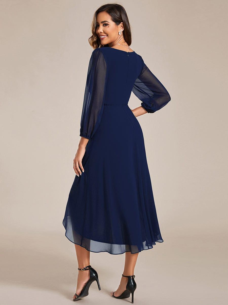 Custom Size Elegant Long Sleeve V-Neck High Low Chiffon Wedding Guest Dress #color_Navy Blue